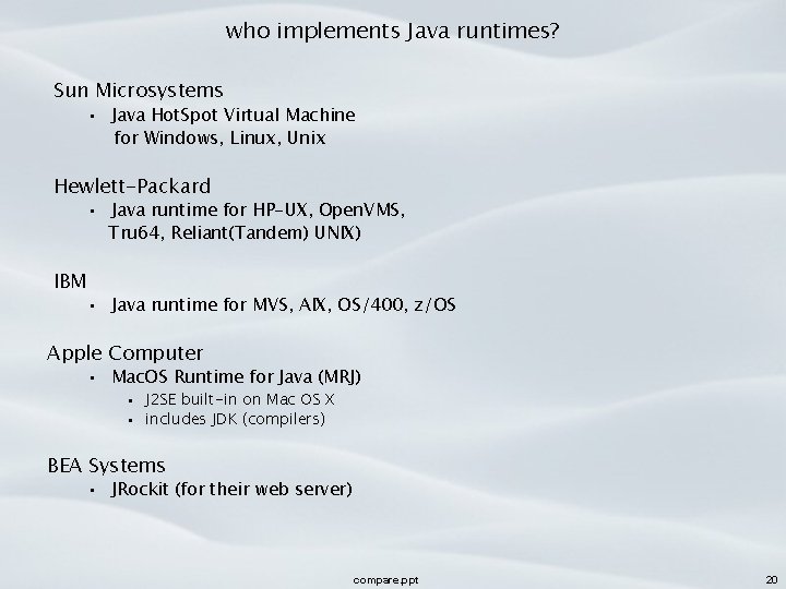 who implements Java runtimes? Sun Microsystems • Java Hot. Spot Virtual Machine for Windows,