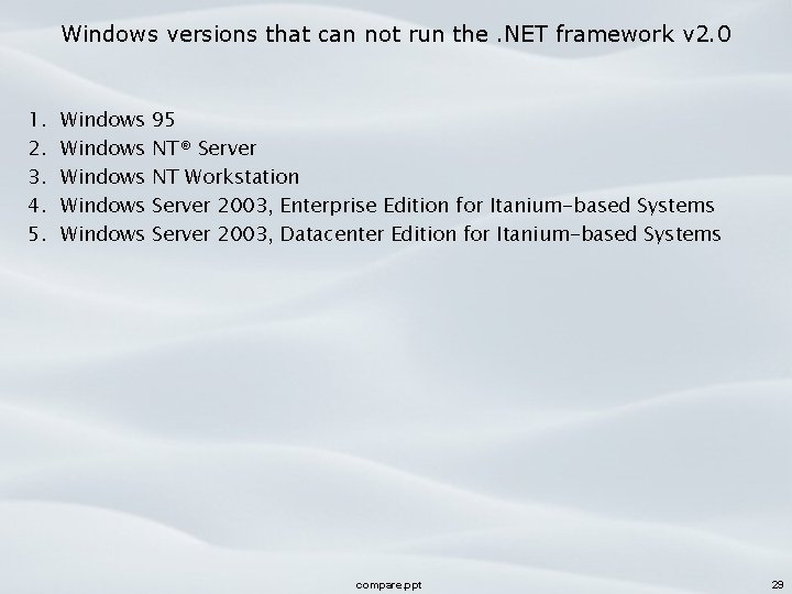Windows versions that can not run the. NET framework v 2. 0 1. 2.