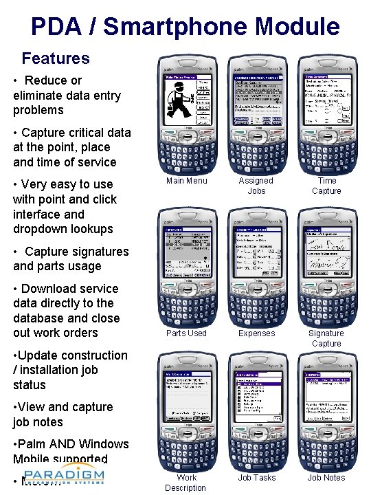 PDA / Smartphone Module Features • Reduce or eliminate data entry problems • Capture