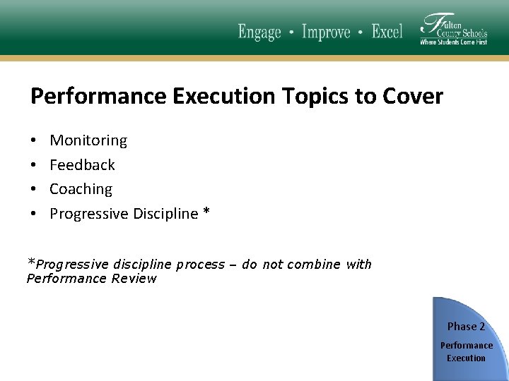 Performance Execution Topics to Cover • • Monitoring Feedback Coaching Progressive Discipline * *Progressive