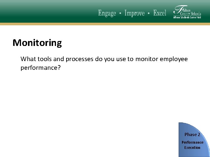 Monitoring What tools and processes do you use to monitor employee performance? Phase 2