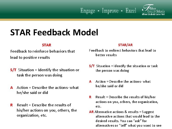 STAR Feedback Model STAR Feedback to reinforce behaviors that lead to positive results S/T