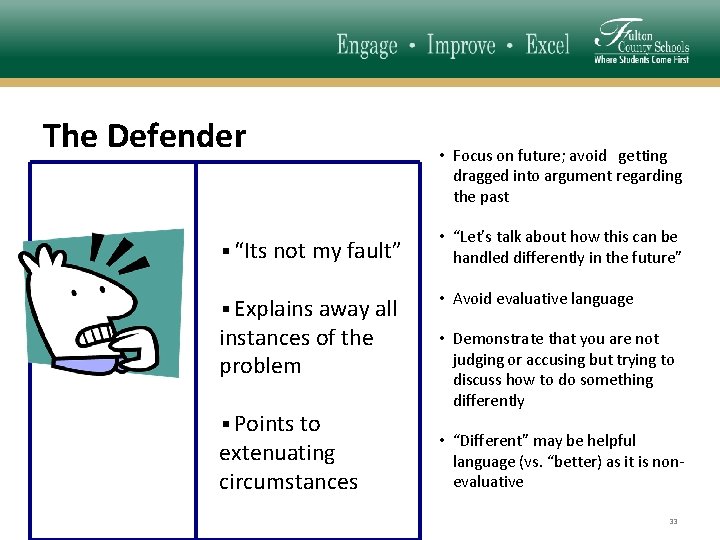 The Defender ▪“Its not my fault” ▪Explains away all instances of the problem ▪Points