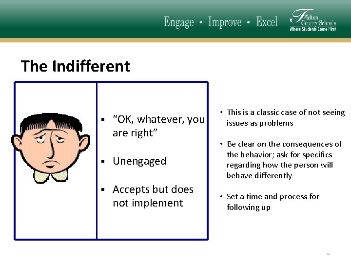 The Indifferent ▪ “OK, whatever, you are right” ▪ Unengaged ▪ Accepts but does