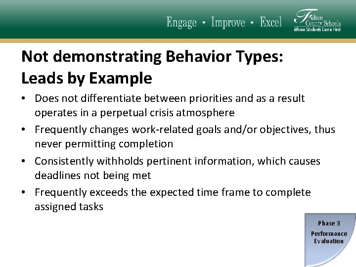 Not demonstrating Behavior Types: Leads by Example • Does not differentiate between priorities and