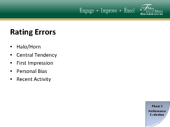 Rating Errors • • • Halo/Horn Central Tendency First Impression Personal Bias Recent Activity