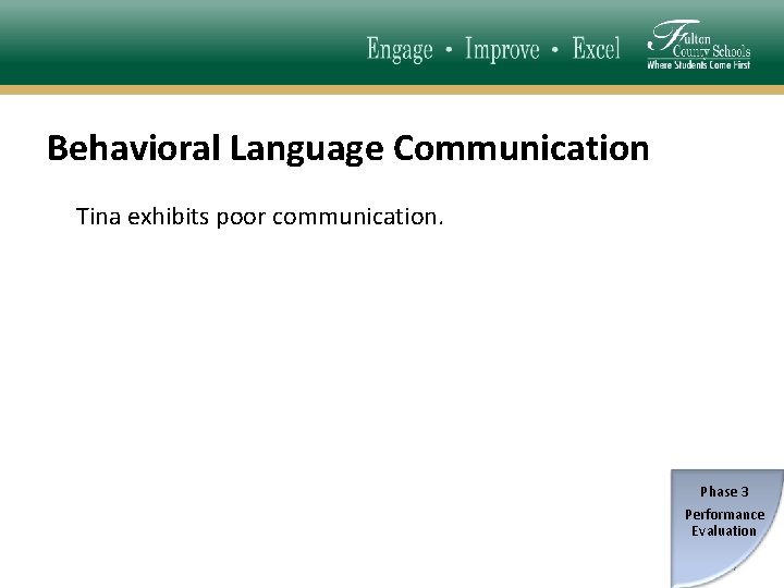 Behavioral Language Communication Tina exhibits poor communication. Phase 3 Performance Evaluation 57 