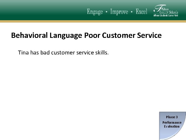 Behavioral Language Poor Customer Service Tina has bad customer service skills. Phase 3 Performance