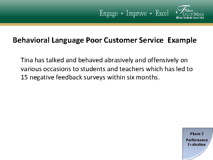 Behavioral Language Poor Customer Service Example Tina has talked and behaved abrasively and offensively