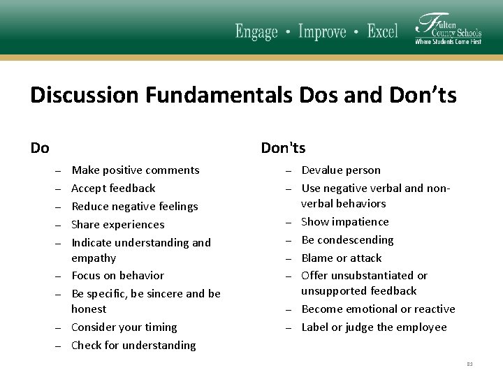 Discussion Fundamentals Dos and Don’ts Do Don'ts – – – – – Make positive