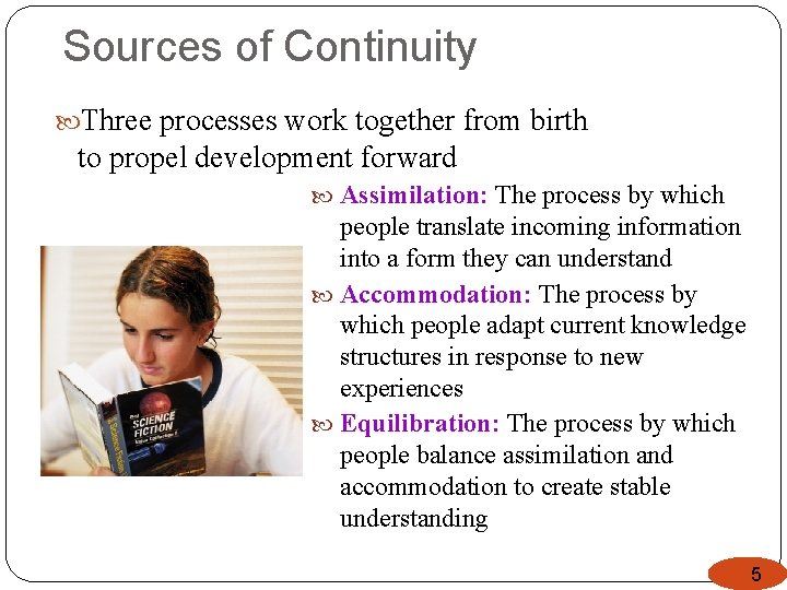 Sources of Continuity Three processes work together from birth to propel development forward Assimilation: