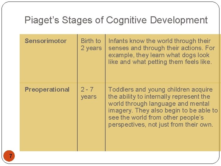 Piaget’s Stages of Cognitive Development 7 Sensorimotor Birth to 2 years Infants know the