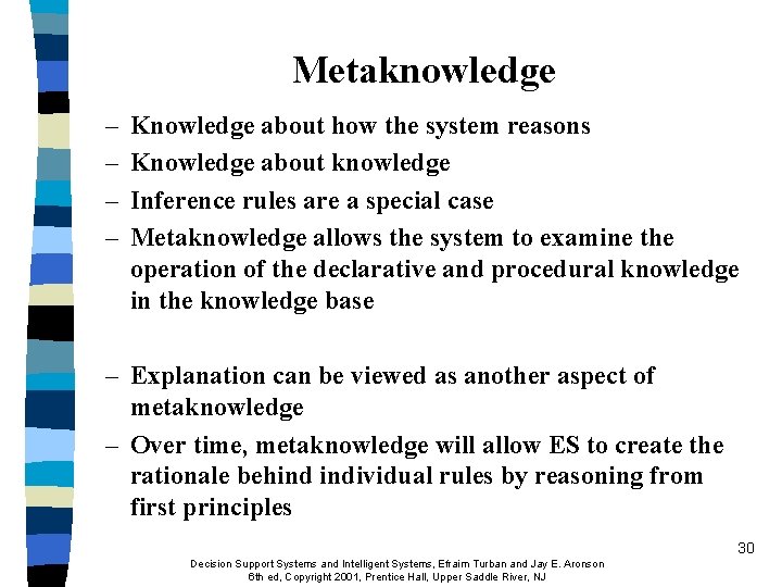 Metaknowledge – – Knowledge about how the system reasons Knowledge about knowledge Inference rules Metaknowledge – – Knowledge about how the system reasons Knowledge about knowledge Inference rules