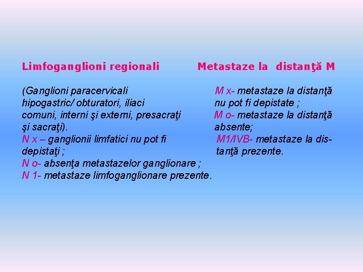 Limfoganglioni regionali Metastaze la distanţă M (Ganglioni paracervicali M x- metastaze la distanţă hipogastric/