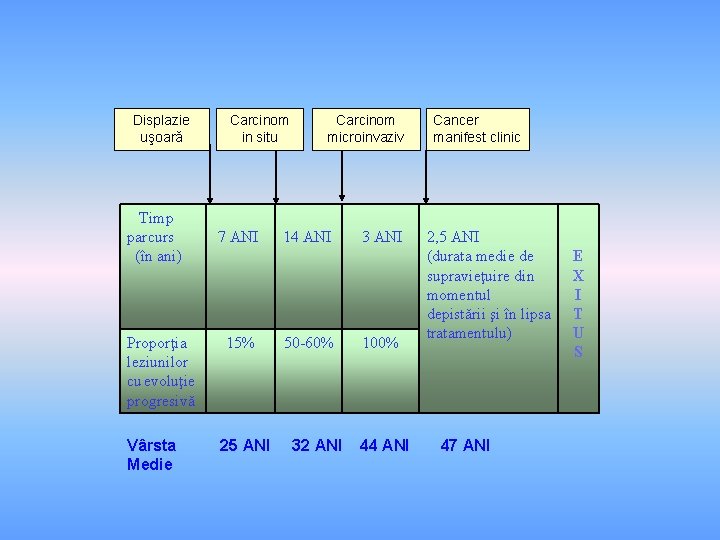 Displazie uşoară Timp parcurs (în ani) Proporţia leziunilor cu evoluţie progresivă Vârsta Medie Carcinom