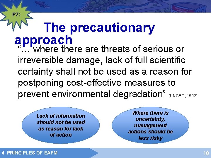 P 7: The precautionary approach “… where there are threats of serious or irreversible