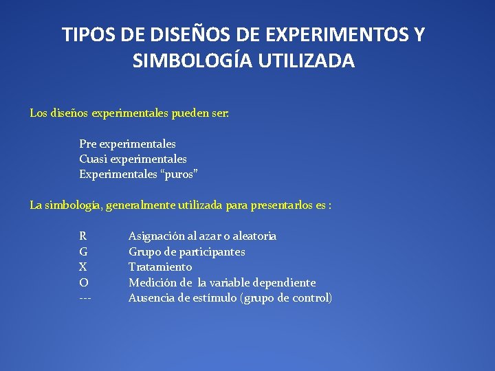 TIPOS DE DISEÑOS DE EXPERIMENTOS Y SIMBOLOGÍA UTILIZADA Los diseños experimentales pueden ser: Pre
