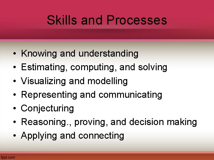 Skills and Processes • • Knowing and understanding Estimating, computing, and solving Visualizing and