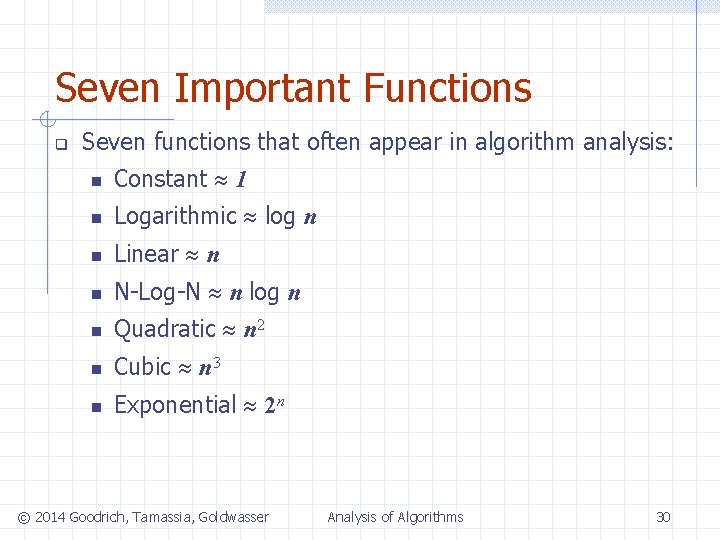 Seven Important Functions q Seven functions that often appear in algorithm analysis: n Constant