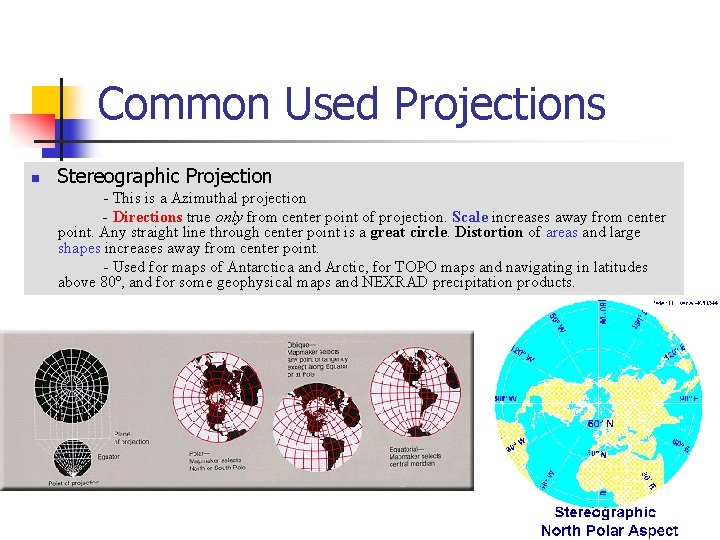Common Used Projections n Stereographic Projection - This is a Azimuthal projection - Directions