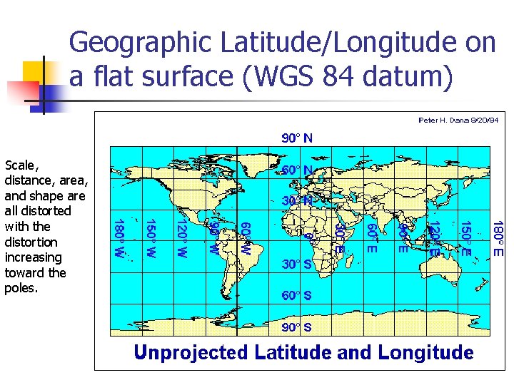 Geographic Latitude/Longitude on a flat surface (WGS 84 datum) Scale, distance, area, and shape