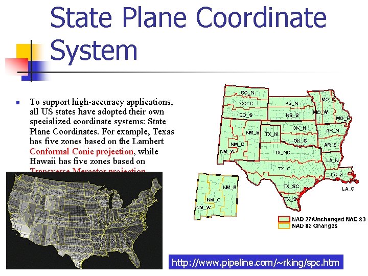 State Plane Coordinate System n To support high-accuracy applications, all US states have adopted