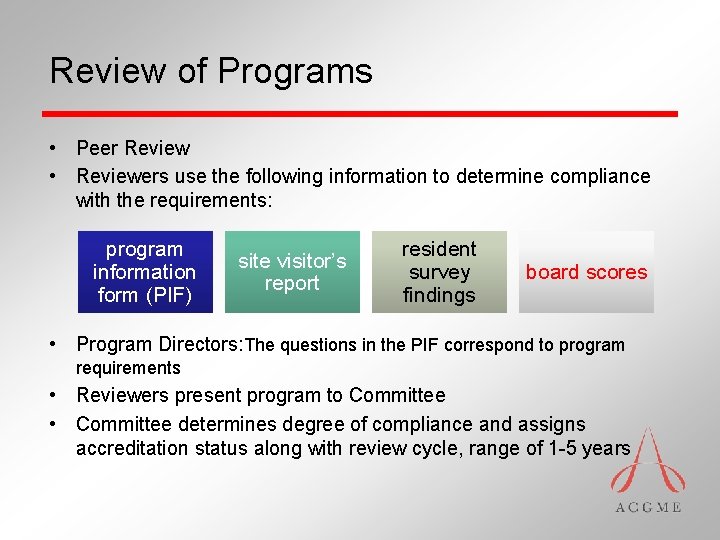 Review of Programs • Peer Review • Reviewers use the following information to determine