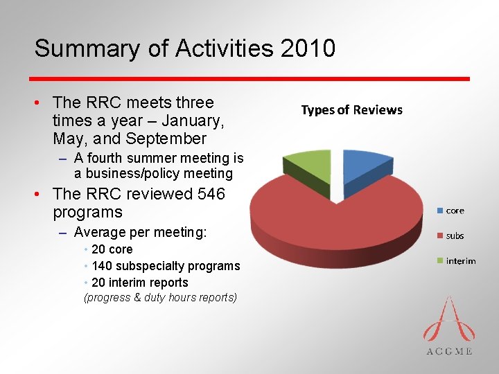 Summary of Activities 2010 • The RRC meets three times a year – January,