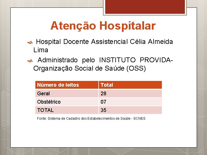 Atenção Hospitalar Hospital Docente Assistencial Célia Almeida Lima Administrado pelo INSTITUTO PROVIDAOrganização Social de