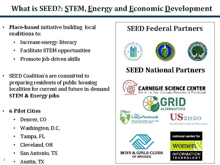 What is SEED? : STEM, Energy and Economic Development • Place-based initiative building local
