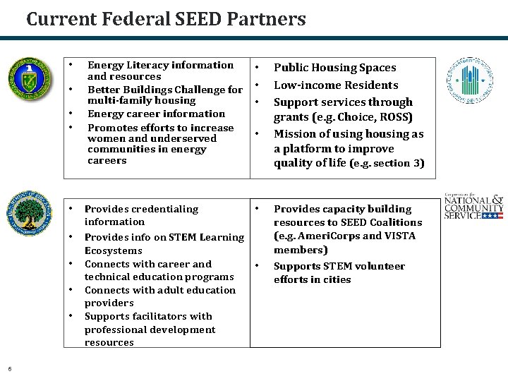 Current Federal SEED Partners • • • 6 Energy Literacy information and resources Better