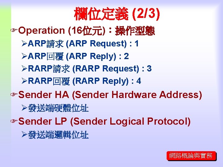 欄位定義 (2/3) FOperation (16位元)：操作型態 ØARP請求 (ARP Request) : 1 ØARP回覆 (ARP Reply) : 2