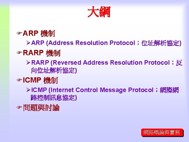 大綱 FARP 機制 ØARP (Address Resolution Protocol；位址解析協定) FRARP 機制 ØRARP (Reversed Address Resolution Protocol；反
