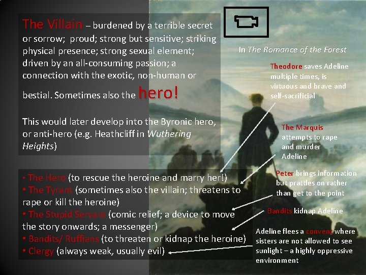 The Villain – burdened by a terrible secret or sorrow; proud; strong but sensitive;