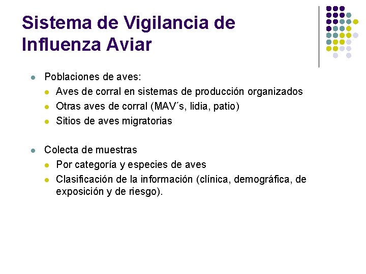 Sistema de Vigilancia de Influenza Aviar l Poblaciones de aves: l Aves de corral