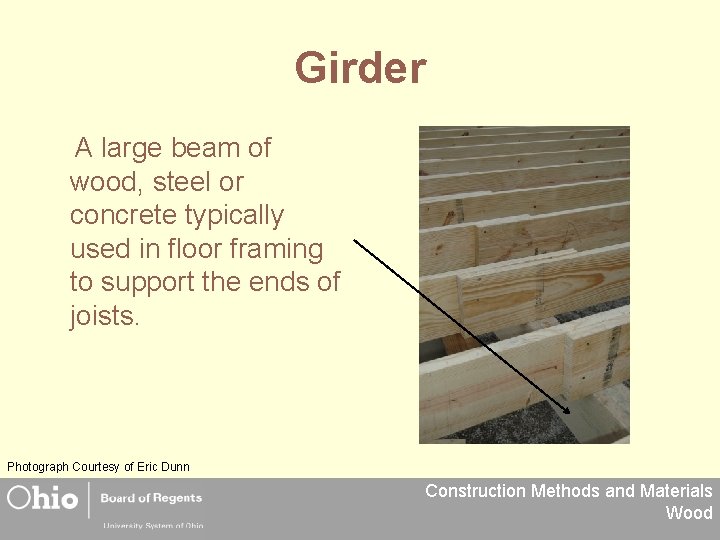 Girder A large beam of wood, steel or concrete typically used in floor framing