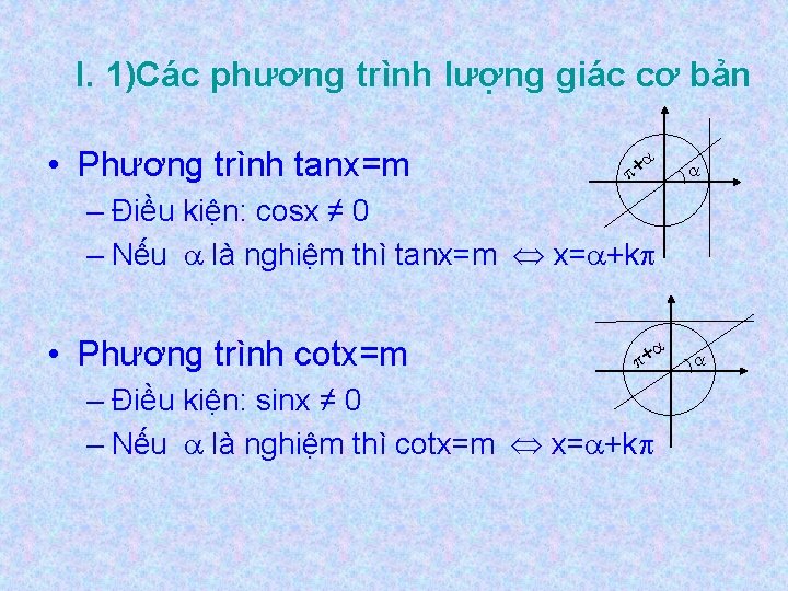 I. 1)Các phương trình lượng giác cơ bản • Phương trình tanx=m + –