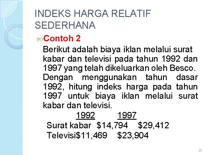 INDEKS HARGA RELATIF SEDERHANA Contoh 2 Berikut adalah biaya iklan melalui surat kabar dan