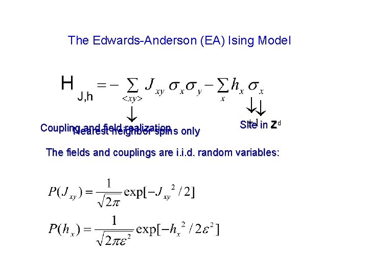 The Edwards-Anderson (EA) Ising Model Coupling and field realization Nearest neighbor spins only Site The Edwards-Anderson (EA) Ising Model Coupling and field realization Nearest neighbor spins only Site