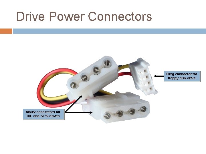 Drive Power Connectors Berg connector floppy disk drive Molex connectors for IDE and SCSI Drive Power Connectors Berg connector floppy disk drive Molex connectors for IDE and SCSI