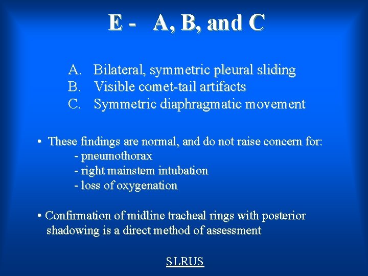E - A, B, and C A. B. C. Bilateral, symmetric pleural sliding Visible