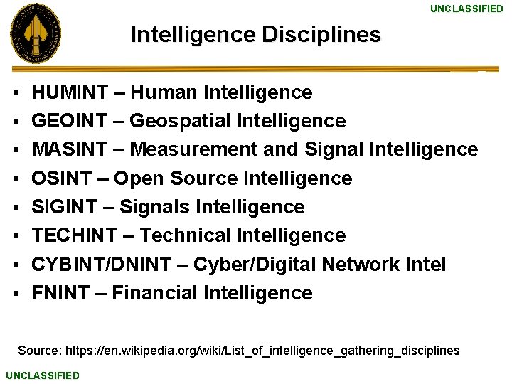 UNCLASSIFIED Intelligence Disciplines § § § § HUMINT – Human Intelligence GEOINT – Geospatial