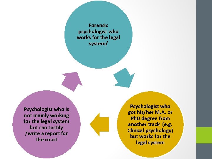 Forensic psychologist who works for the legal system/ Psychologist who is not mainly working