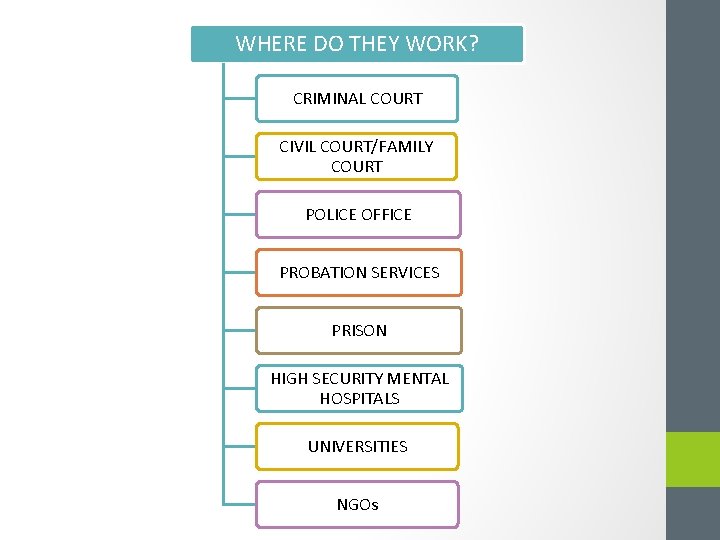 WHERE DO THEY WORK? CRIMINAL COURT CIVIL COURT/FAMILY COURT POLICE OFFICE PROBATION SERVICES PRISON