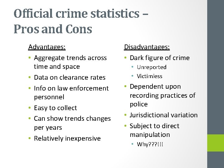 Official crime statistics – Pros and Cons Advantages: • Aggregate trends across time and