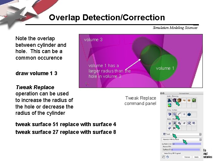 Overlap Detection/Correction Simulation Modeling Sciences Note the overlap between cylinder and hole. This can