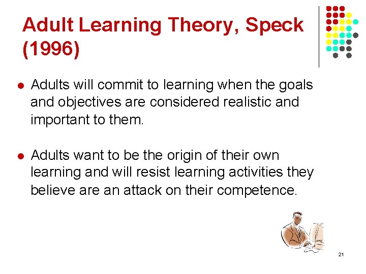 Adult Learning Theory, Speck (1996) l Adults will commit to learning when the goals