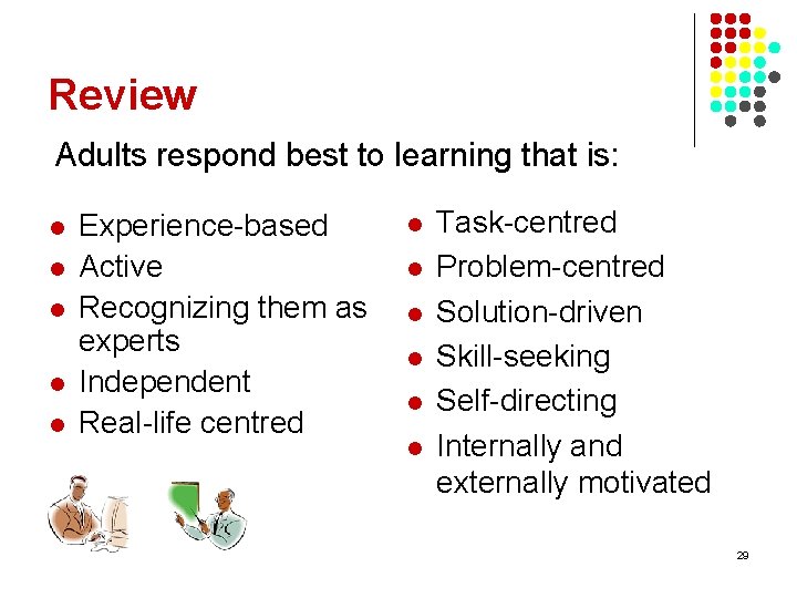 Review Adults respond best to learning that is: l l l Experience-based Active Recognizing