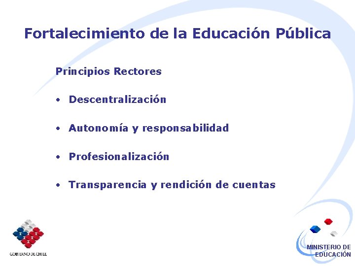 Fortalecimiento de la Educación Pública Principios Rectores • Descentralización • Autonomía y responsabilidad •