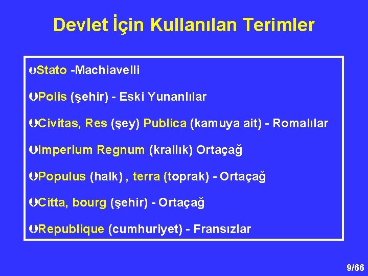 Devlet İçin Kullanılan Terimler ÞStato -Machiavelli ÞPolis (şehir) - Eski Yunanlılar ÞCivitas, Res (şey)